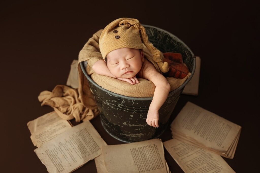 newborn, sleeping, peaceful, photography, silk, bucket, books, boy, studio, hat, brown, cute, clothing, grey, celebrate, vintage, adorable, sleeping cap, cozy